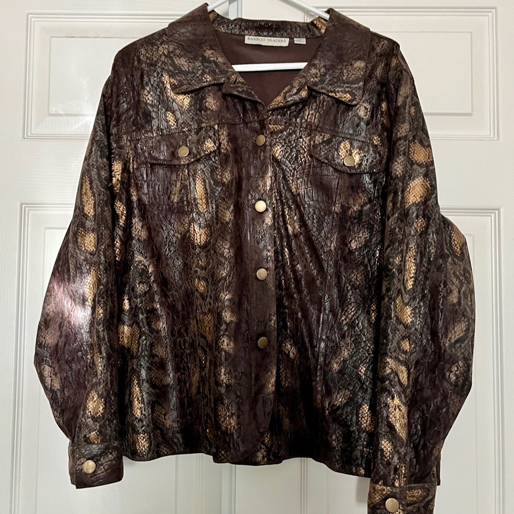 WOMENS BAMBOO TRADERS METALLIC BROWN/GOLD Snakeskin PrntBUTTON UP JACKET SIZE XL